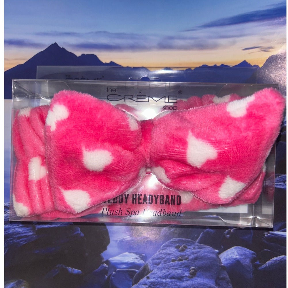 The Crème Shop Teddy Headband Plush Spa Headband Hot Pink White Polka Dot